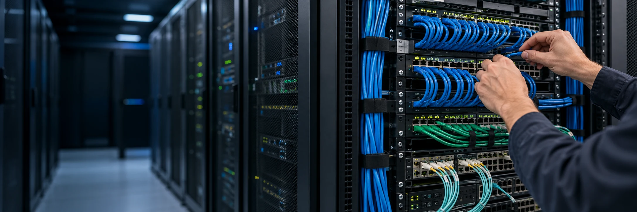 Servidores, switches y cableado de una red empresarial