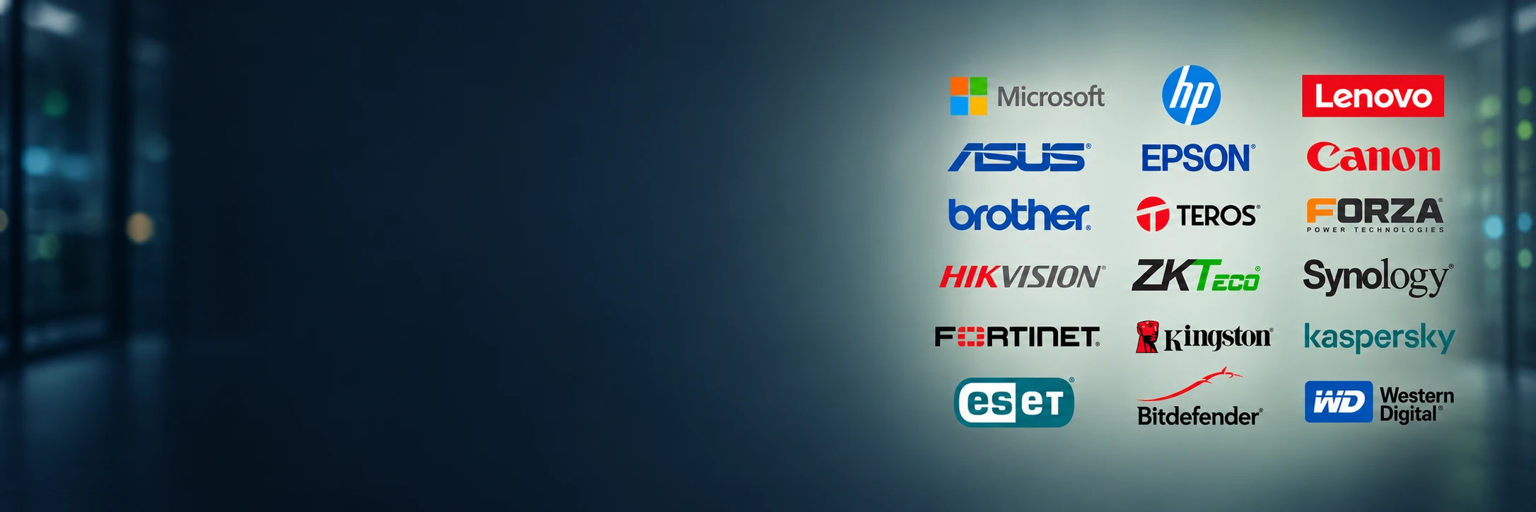 Microsoft, HP, Lenovo, ASUS, Epson, Canon, Brother, Teros, Forza, Hikvision, ZKTeco, Synology, Fortinet, Kingston, Kaspersky, ESET, Bitdefender y Western Digital sobre un fondo corporativo